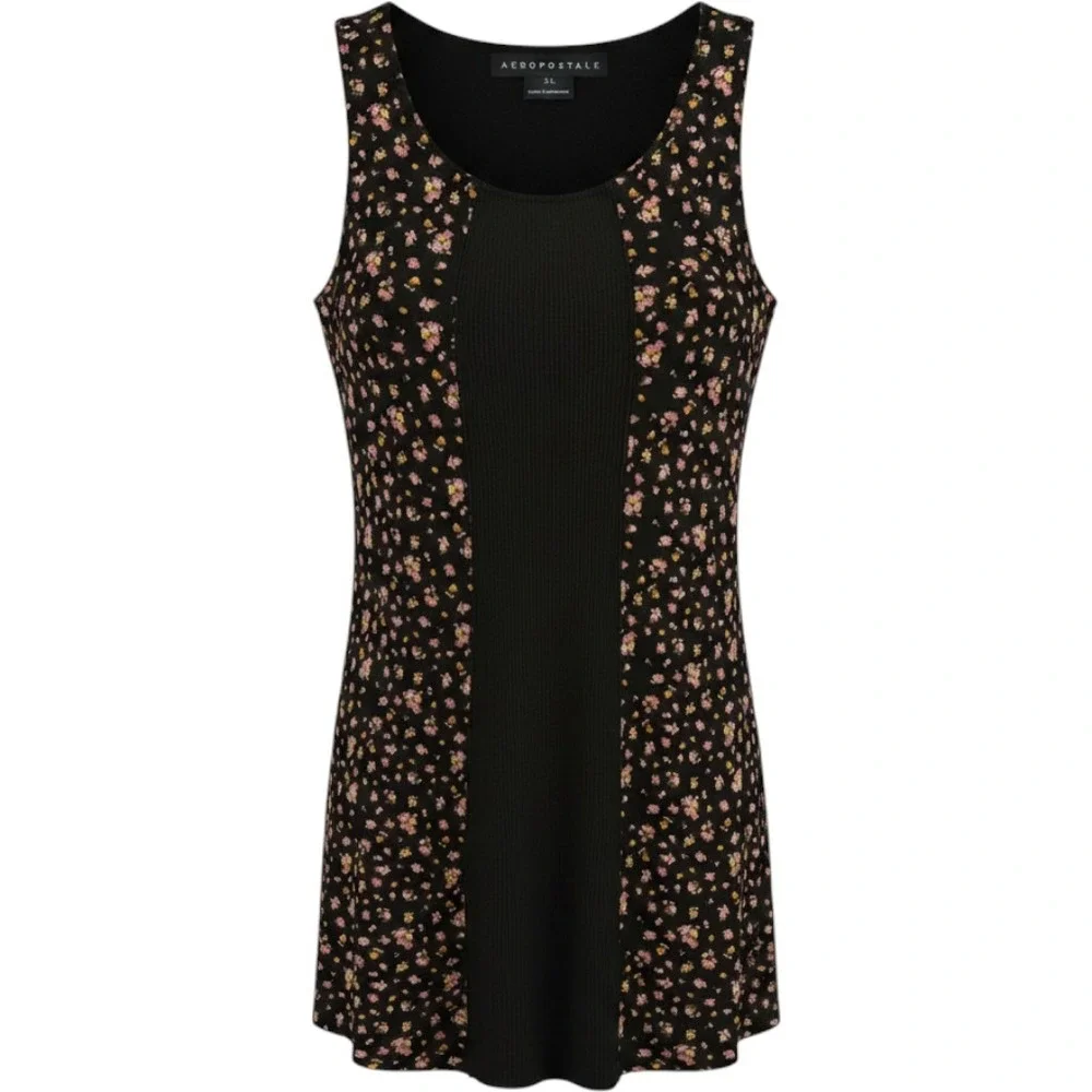 Aeropostale XL Black Floral Ribbed Knit‎ Sleeveless Bodycon Dress Y2k Cottage